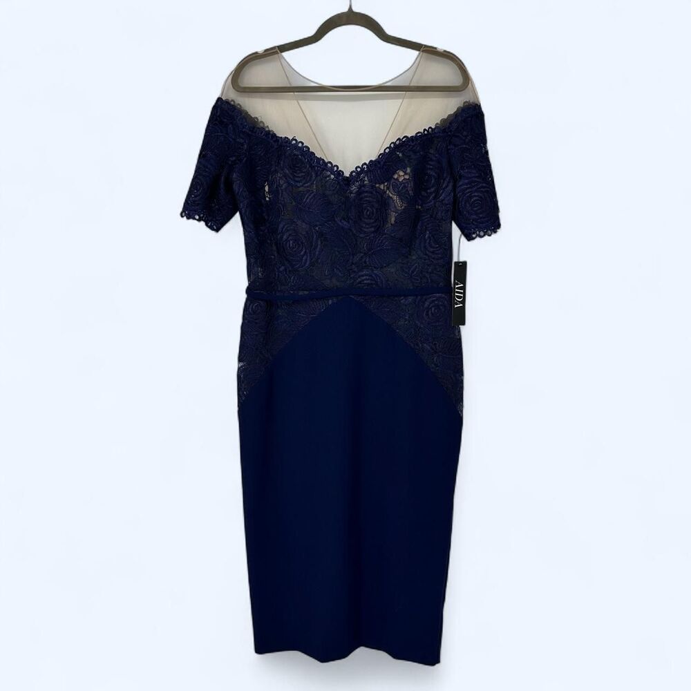 Lace Illusion Mesh Neck Sheath Cocktail Dress Off Shoulder Short Sleeve Navy NWT